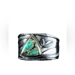 Silver and Turquoise Irregular Leaf Unisex Ring